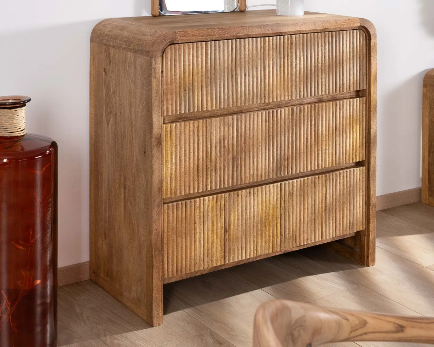 Meuble House Commode design rétro avec façades cannelées "Céresto" 3 grands tiroirs New