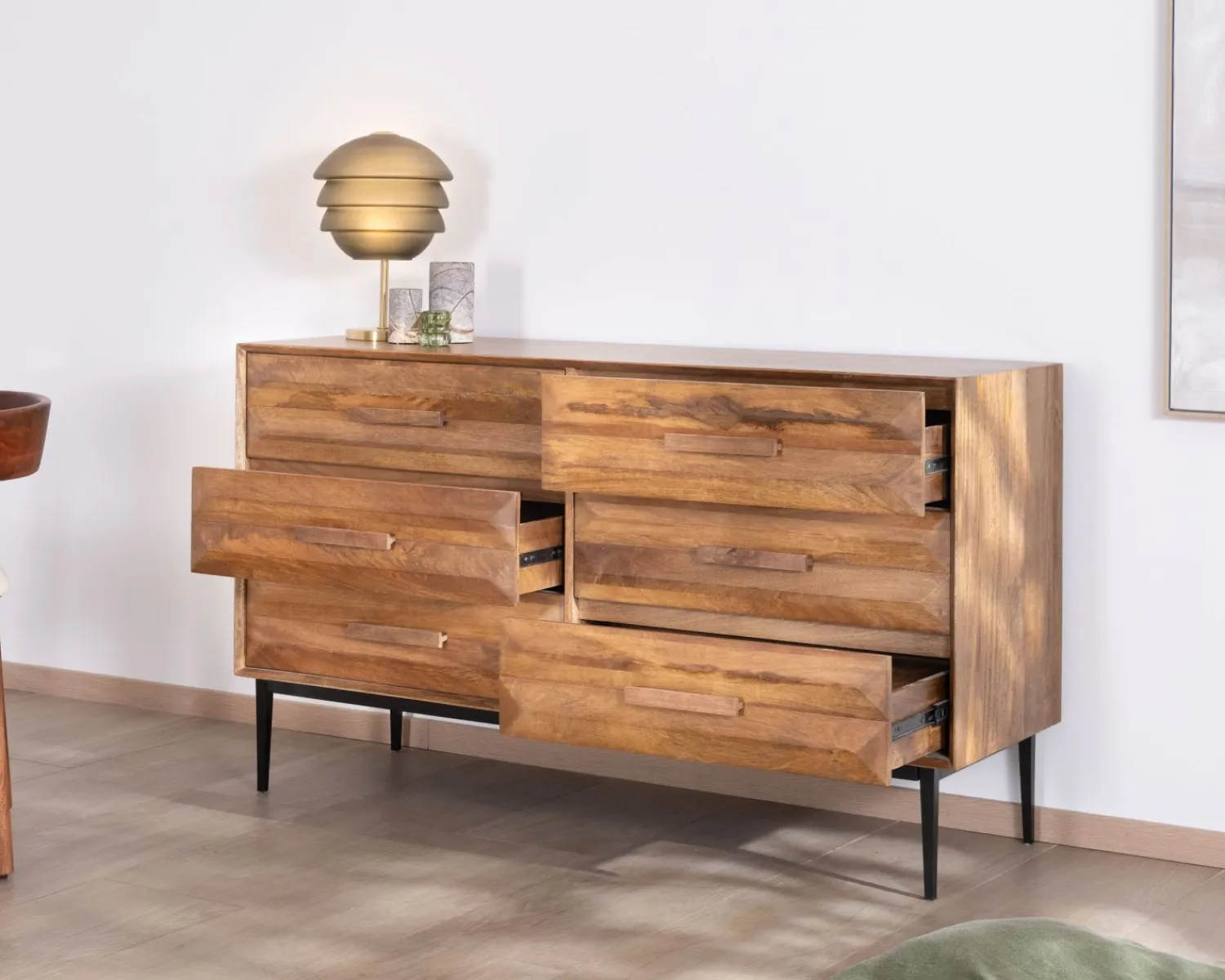 Meuble House Commode en manguier et pieds métal style rétro "Presto" 6 tiroirs demi largeur Sale