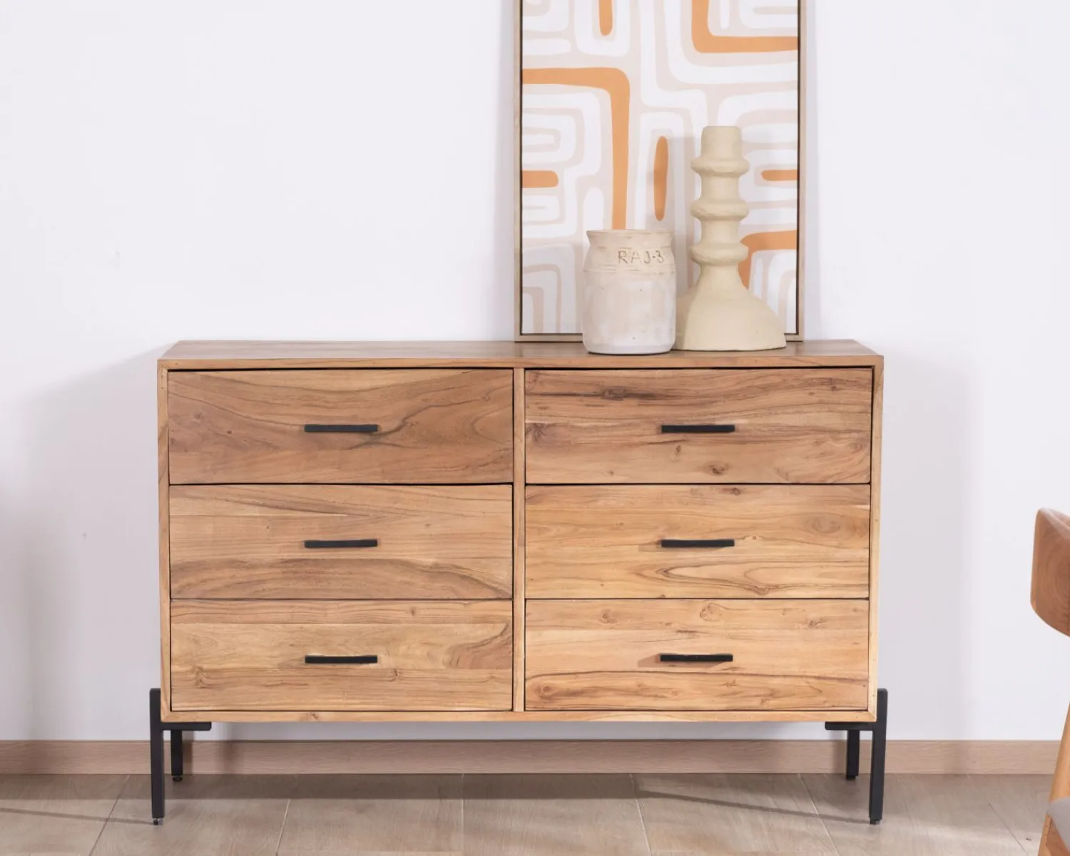 Meuble House Commode 6 tiroirs "Conoa" acacia et pieds métal noir Best