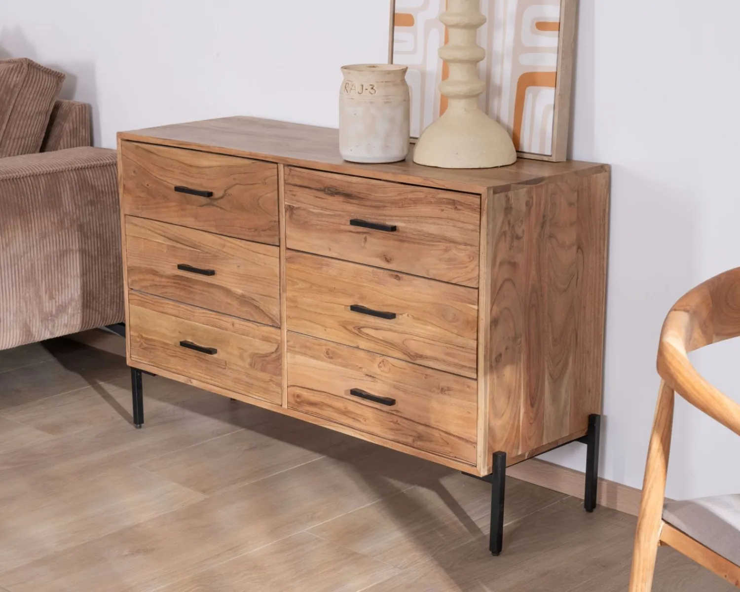 Meuble House Commode 6 tiroirs "Conoa" acacia et pieds métal noir Best