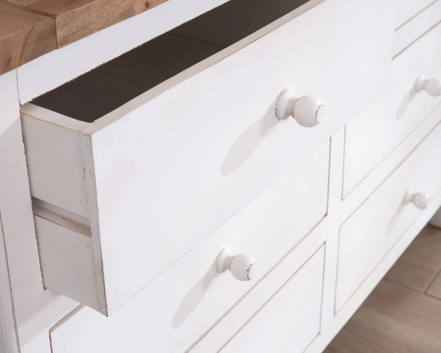 Meuble House Commode 6 tiroirs en acacia "Equinoxe" blanche et plateau naturel Best