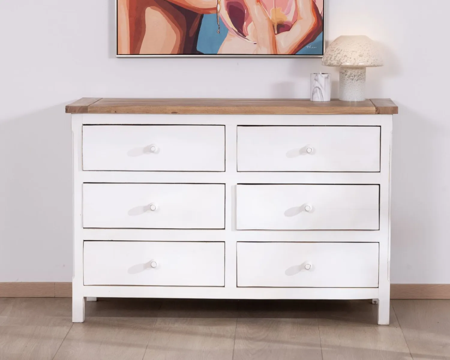 Meuble House Commode 6 tiroirs en acacia "Equinoxe" blanche et plateau naturel Best
