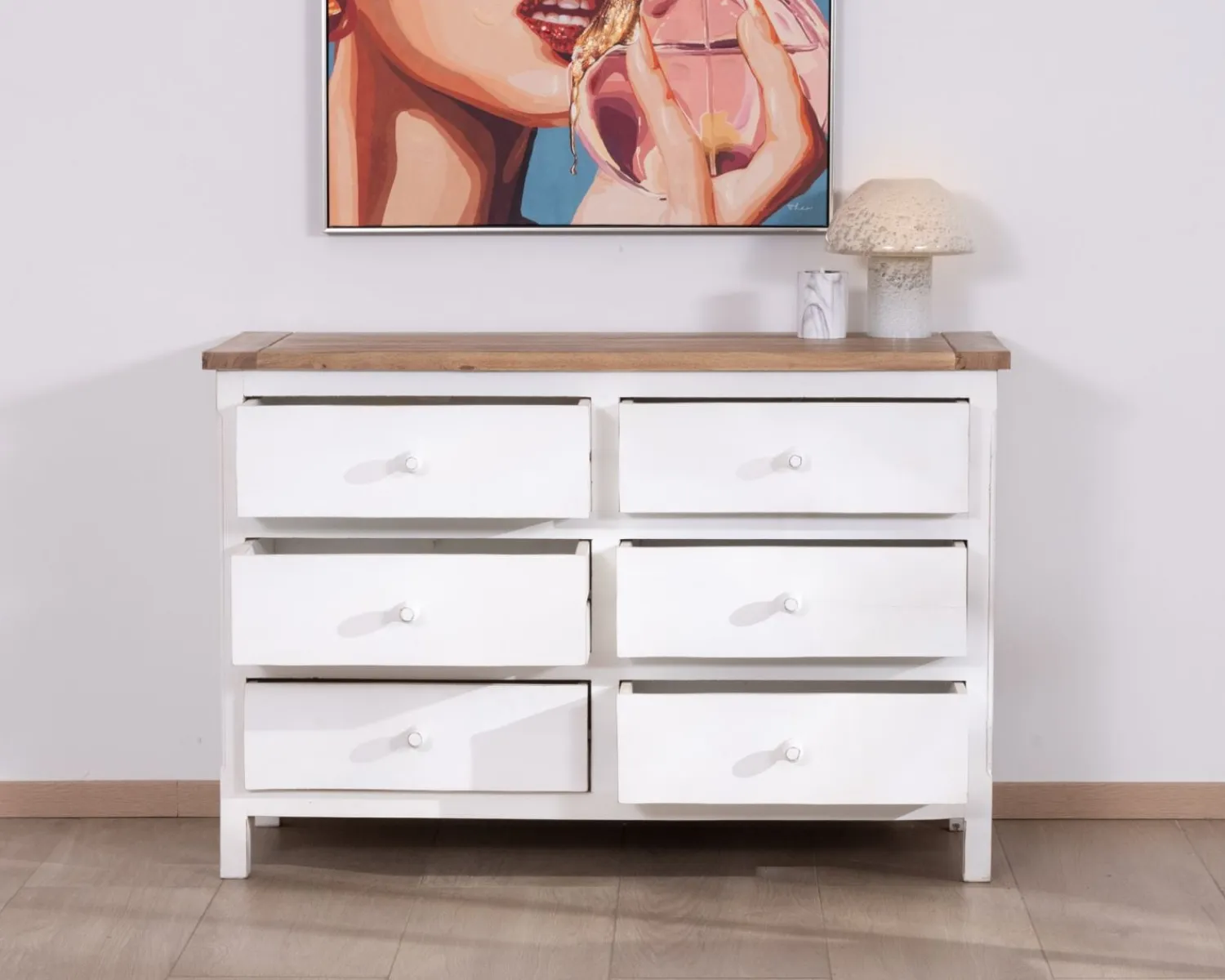 Meuble House Commode 6 tiroirs en acacia "Equinoxe" blanche et plateau naturel Best