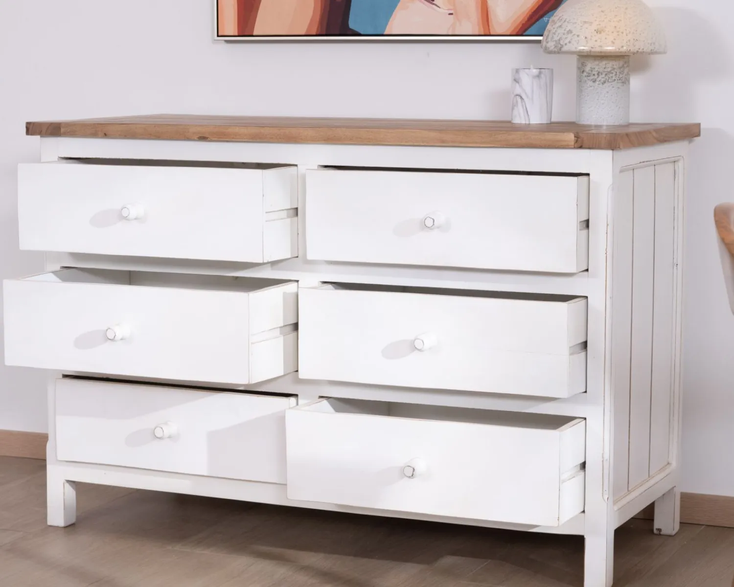 Meuble House Commode 6 tiroirs en acacia "Equinoxe" blanche et plateau naturel Best