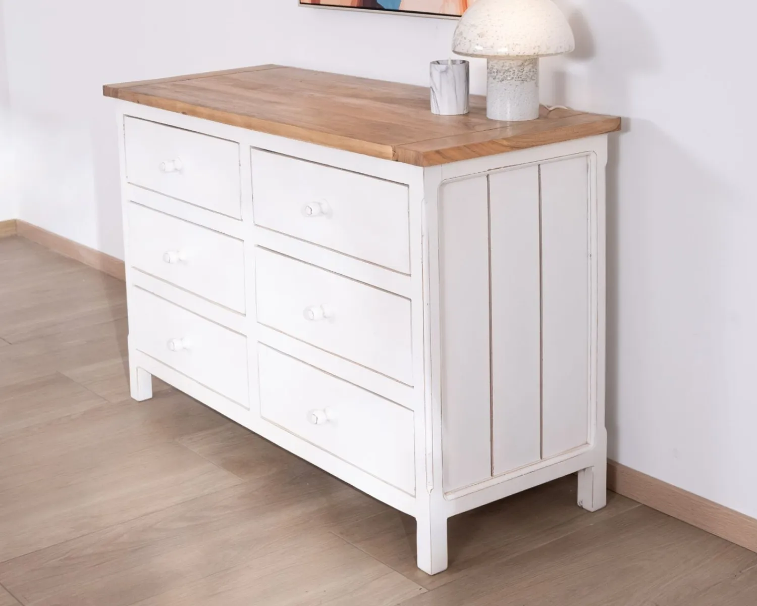 Meuble House Commode 6 tiroirs en acacia "Equinoxe" blanche et plateau naturel Best