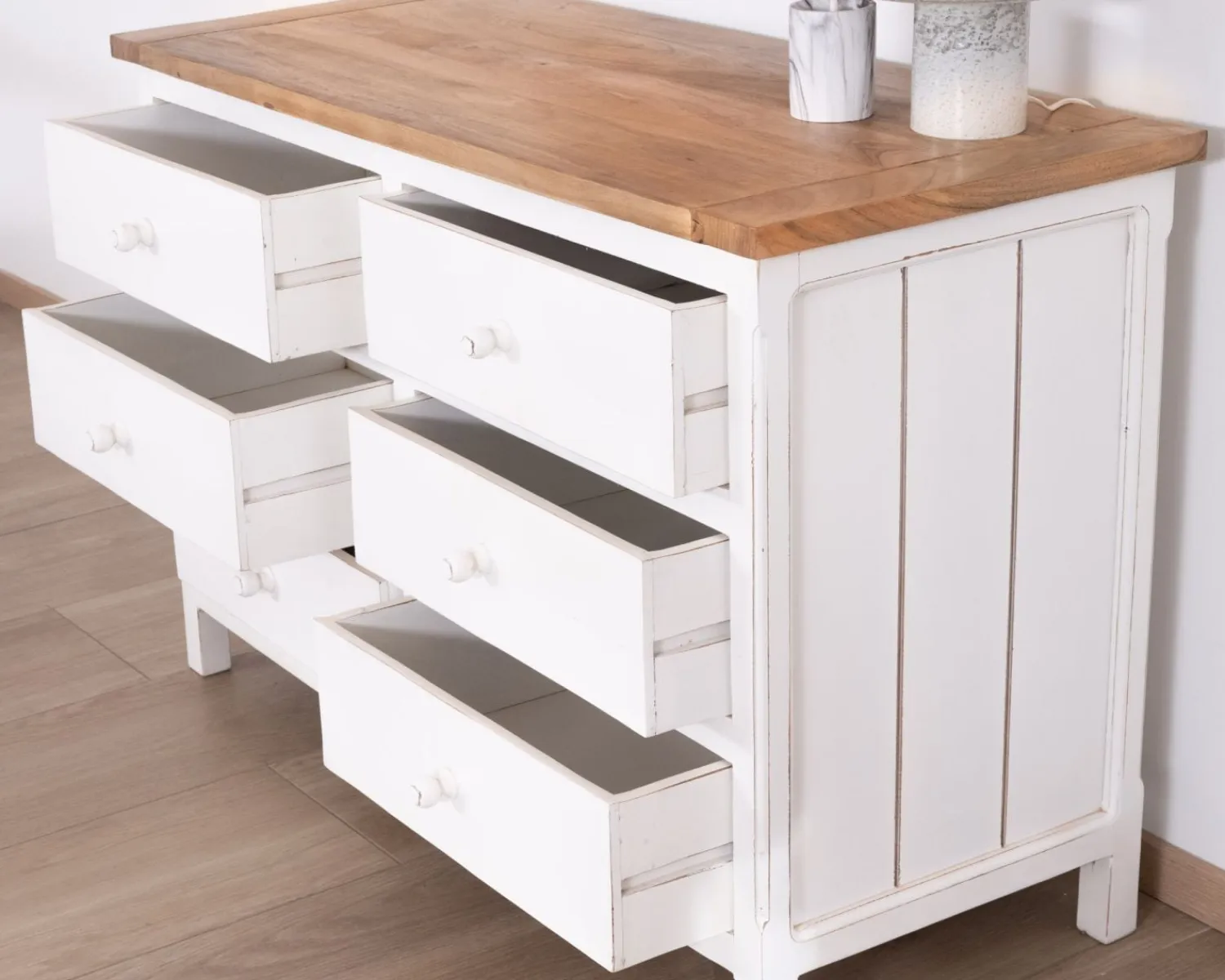 Meuble House Commode 6 tiroirs en acacia "Equinoxe" blanche et plateau naturel Best