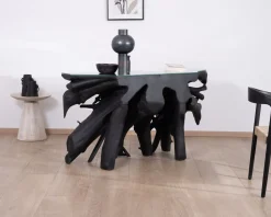 Meuble House Console 150 cm en racine de teck teintée noir avec plateau verre "Jungle" Hot