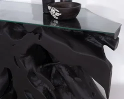 Meuble House Console 150 cm en racine de teck teintée noir avec plateau verre 