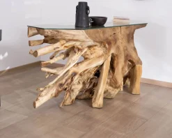 Meuble House Console en racine de teck naturel avec plateau verre "Jungle" Best