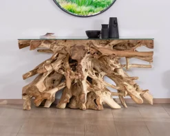 Meuble House Console en racine de teck naturel avec plateau verre 