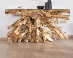 Meuble House Console en racine de teck naturel avec plateau verre 