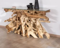 Meuble House Console en racine de teck naturel avec plateau verre 