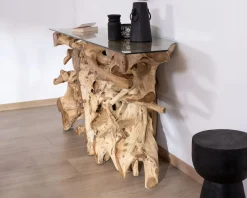 Meuble House Console en racine de teck naturel avec plateau verre 