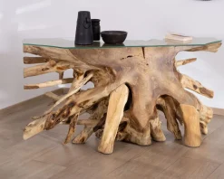 Meuble House Console en racine de teck naturel avec plateau verre 