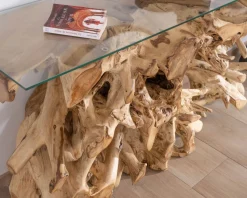 Meuble House Console en racine de teck naturel avec plateau verre 