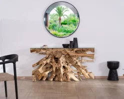 Meuble House Console en racine de teck naturel avec plateau verre 