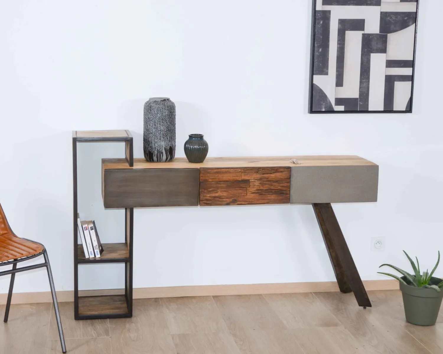 Meuble House Console moderne design avec rangements bois métal et ciment "Mezzo" New