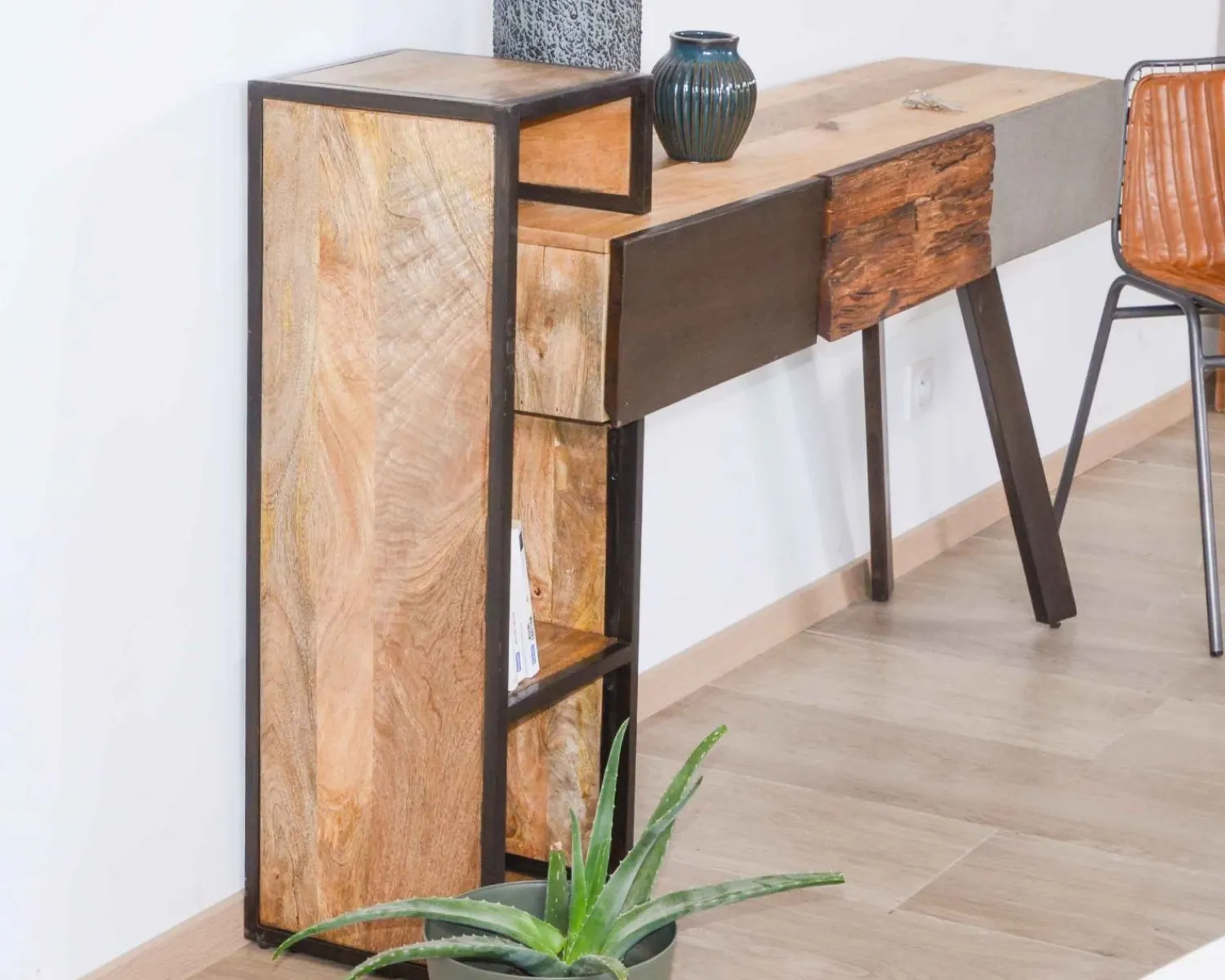 Meuble House Console moderne design avec rangements bois métal et ciment "Mezzo" New