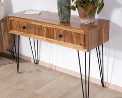 Meuble House Console vintage en acacia et pieds métal "Wendy" avec façades gaufrées Best