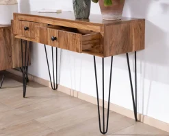 Meuble House Console vintage en acacia et pieds métal 