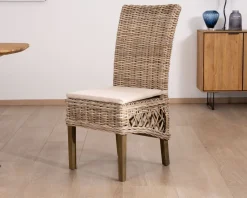 Meuble House Elégante chaise de repas en rotin tressé avec galette d'assise en tissu 