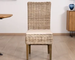 Meuble House Elégante chaise de repas en rotin tressé avec galette d'assise en tissu 
