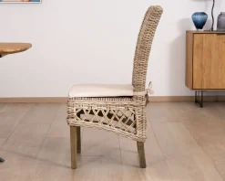 Meuble House Elégante chaise de repas en rotin tressé avec galette d'assise en tissu 
