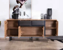 Meuble House Enfilade 175cm en acacia avec 2 tiroirs et pieds métal noirs 