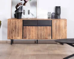 Meuble House Enfilade 175cm en acacia avec 2 tiroirs et pieds métal noirs 