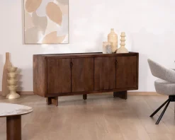 Meuble House Enfilade esprit rétro chic 4 portes 180 cm en manguier massif teinte noyer 