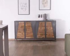 Meuble House Enfilade industrielle métal gris et bois de manguier