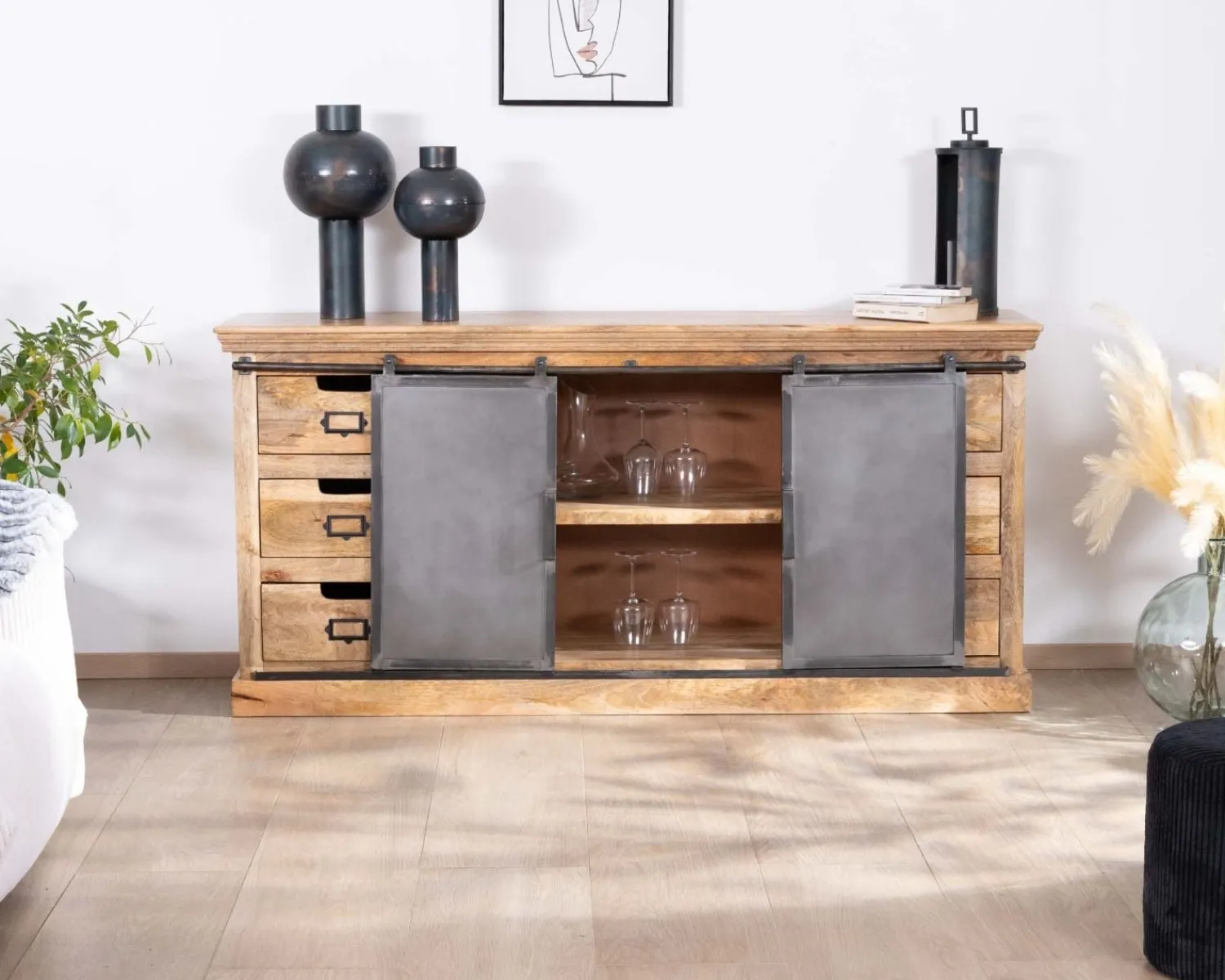 Meuble House Enfilade style factory en bois massif et métal "Haden" Outlet
