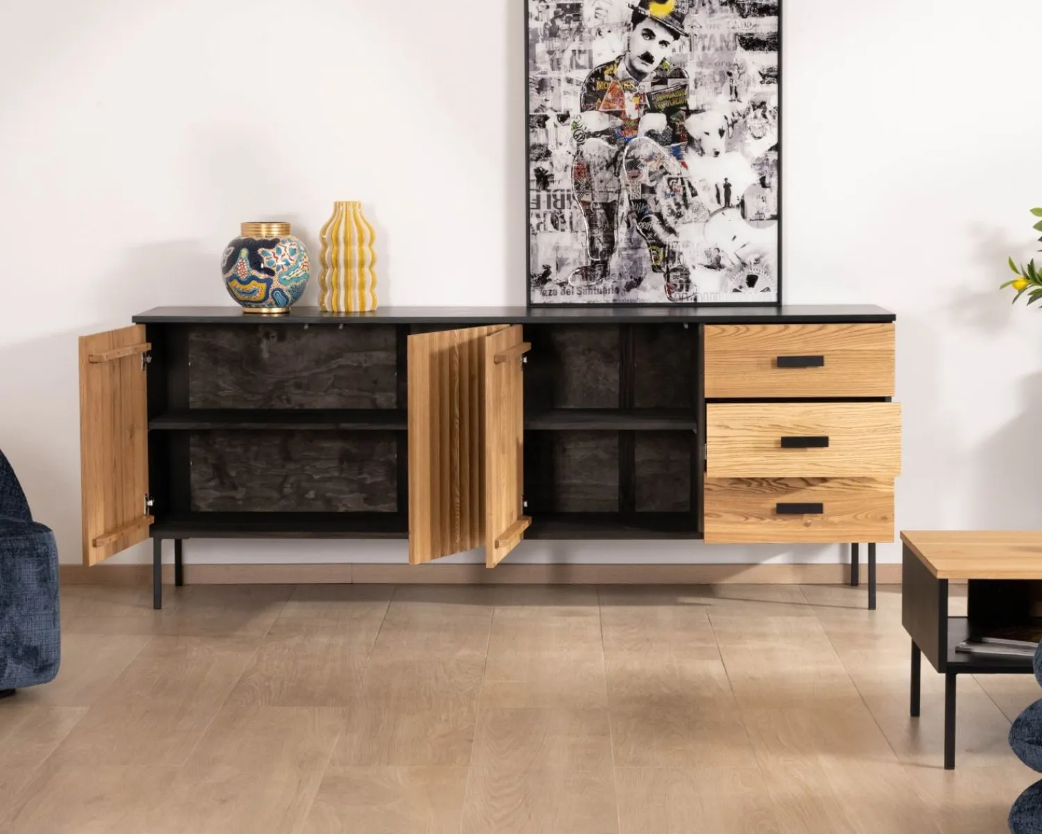Meuble House Enfilade style newtro en frêne massif "Sydney" avec rangements et tiroirs Sale