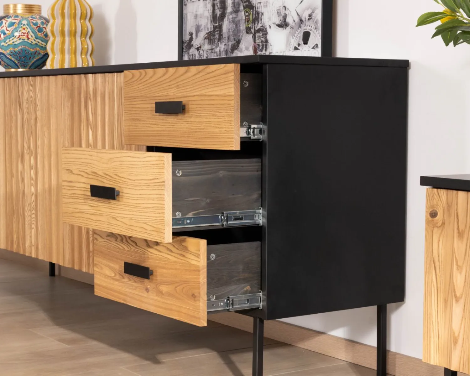 Meuble House Enfilade style newtro en frêne massif "Sydney" avec rangements et tiroirs Sale