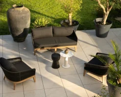 Meuble House Ensemble de jardin haut de gamme 3 pièces en teck et tissu gris foncé "Tuléo" Clearance