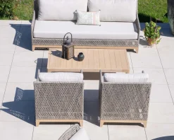 Meuble House Ensemble de jardin tressé en teck et tissu haut de gamme chiné