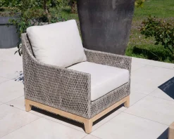 Meuble House Ensemble de jardin tressé en teck et tissu haut de gamme chiné