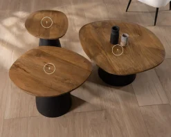 Meuble House Ensemble de 3 tables basses en bois et métal formes galets naturels "Daun" Sale