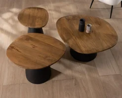 Meuble House Ensemble de 3 tables basses en bois et métal formes galets naturels