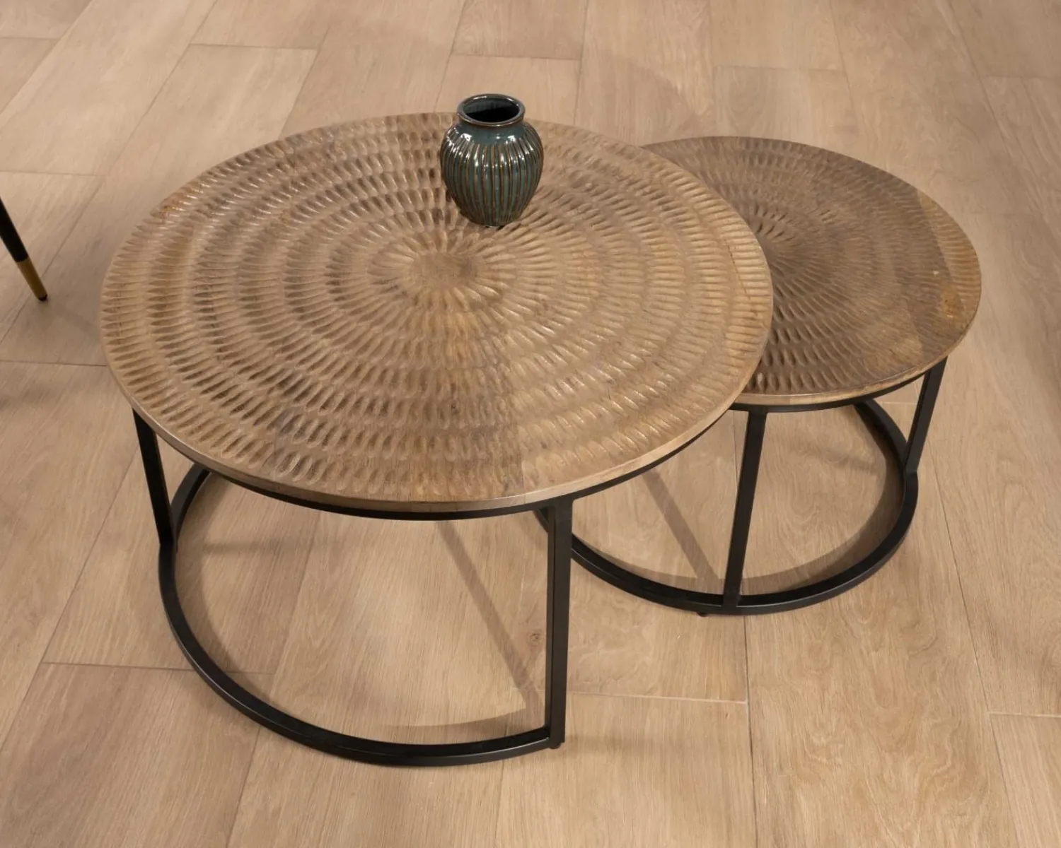 Meuble House Ensemble de 2 tables basses rondes gigognes noires plateau bois "Joe" Discount