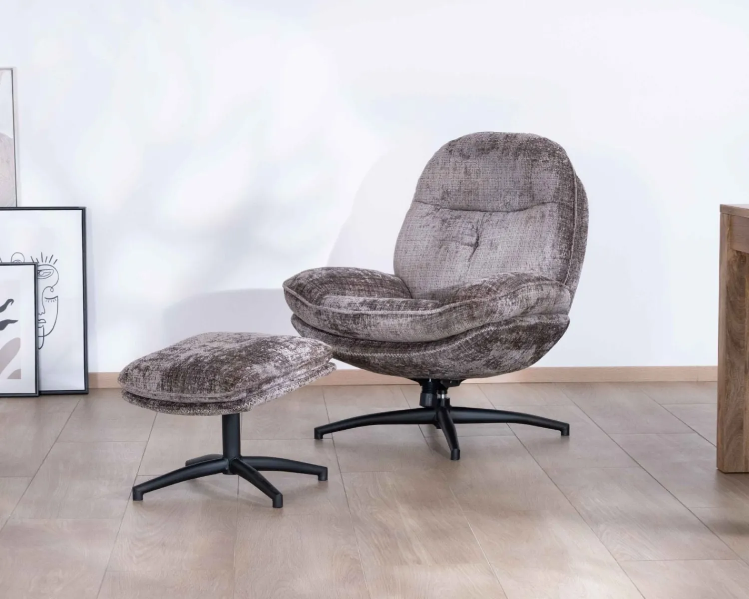 Meuble House Fauteuil confort gris cendré esprit rétro avec repose-pieds "Branson" pivotant 360° Best