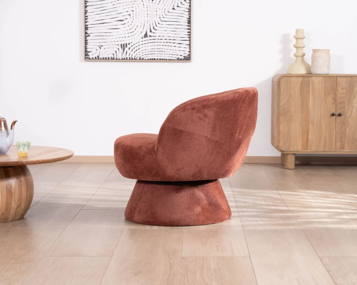 Meuble House Fauteuil d'appoint pivotant en tissu chenillé terracotta "Ladoga" design enveloppant Outlet