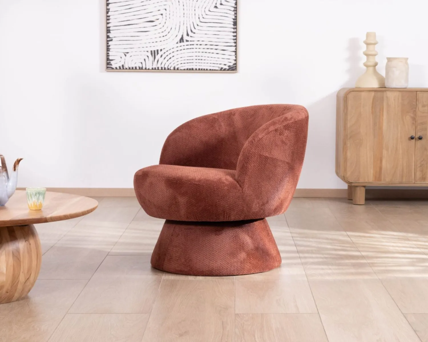 Meuble House Fauteuil d'appoint pivotant en tissu chenillé terracotta "Ladoga" design enveloppant Outlet