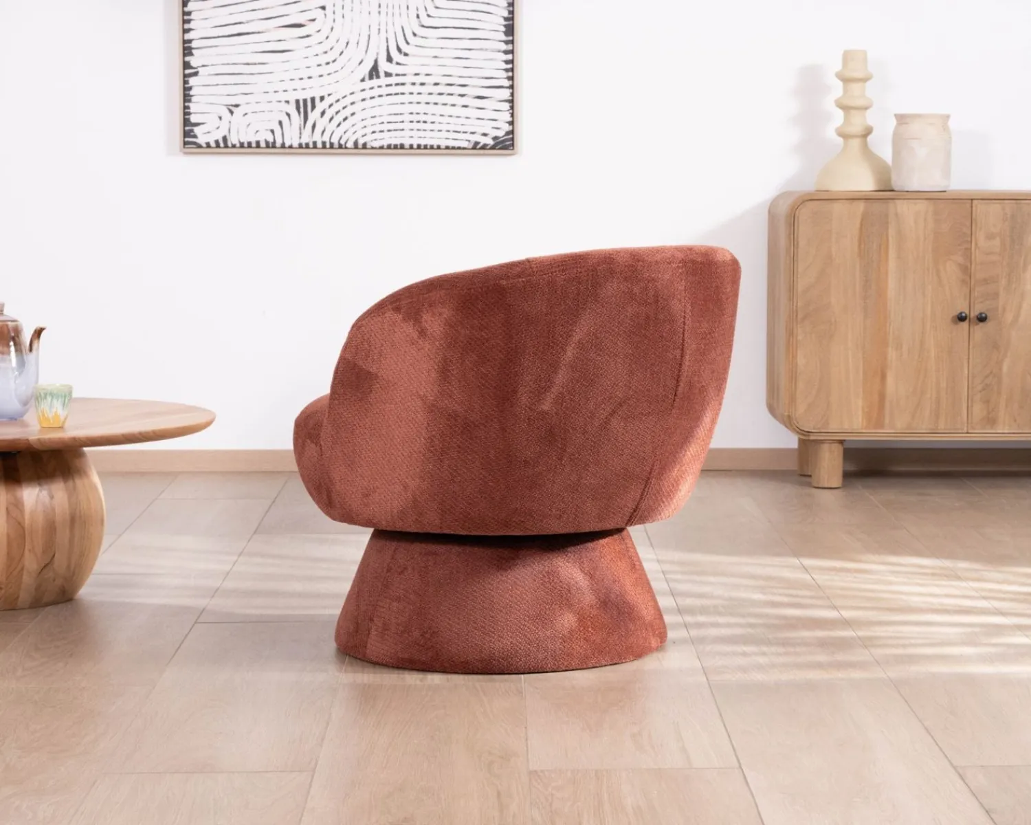 Meuble House Fauteuil d'appoint pivotant en tissu chenillé terracotta "Ladoga" design enveloppant Outlet