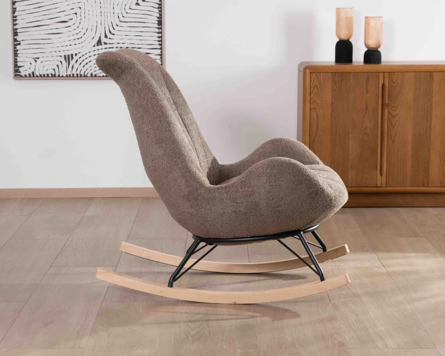 Meuble House Fauteuil de détente à bascule contemporain en tissu bouclette taupe "Calista" Sale