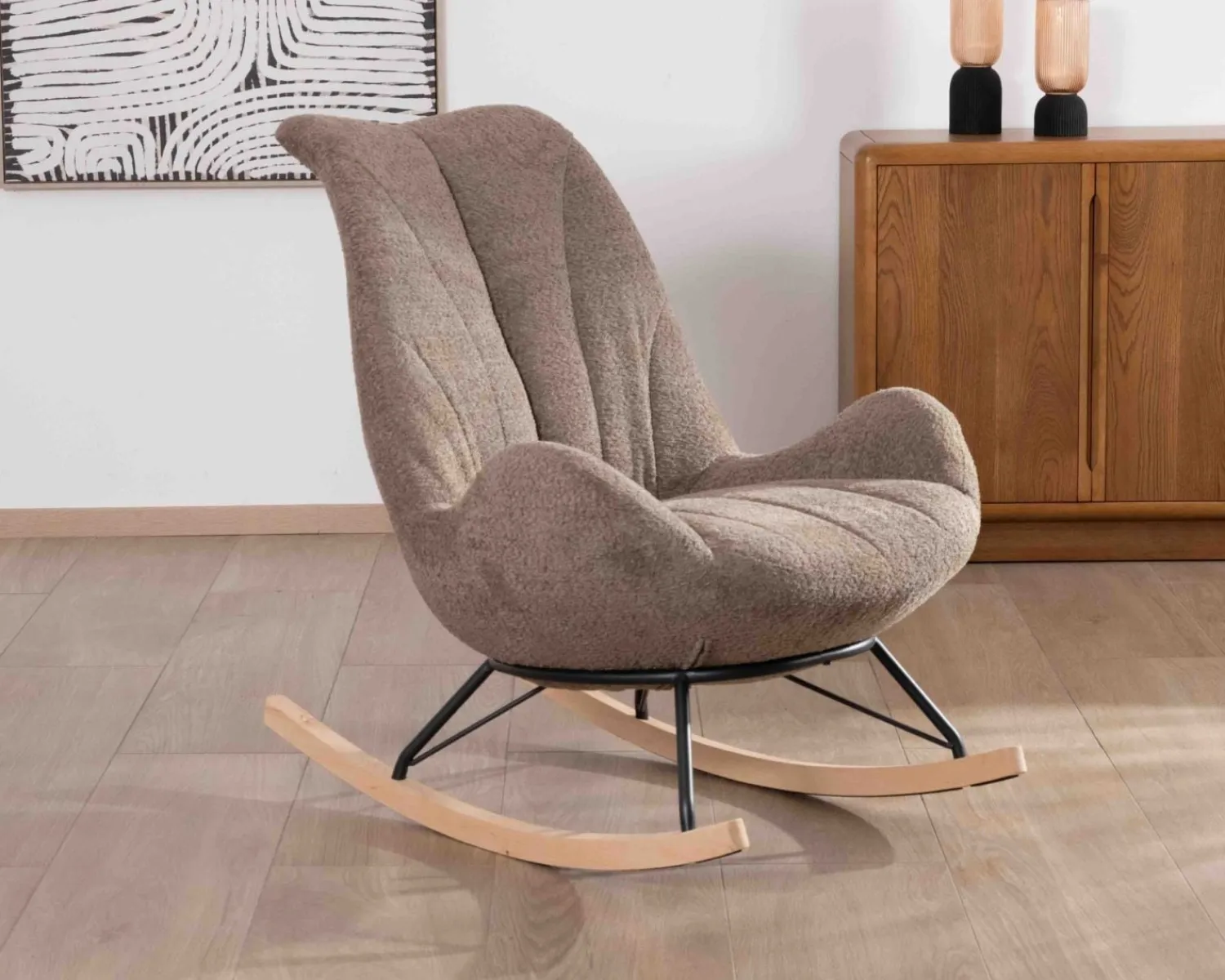 Meuble House Fauteuil de détente à bascule contemporain en tissu bouclette taupe "Calista" Sale