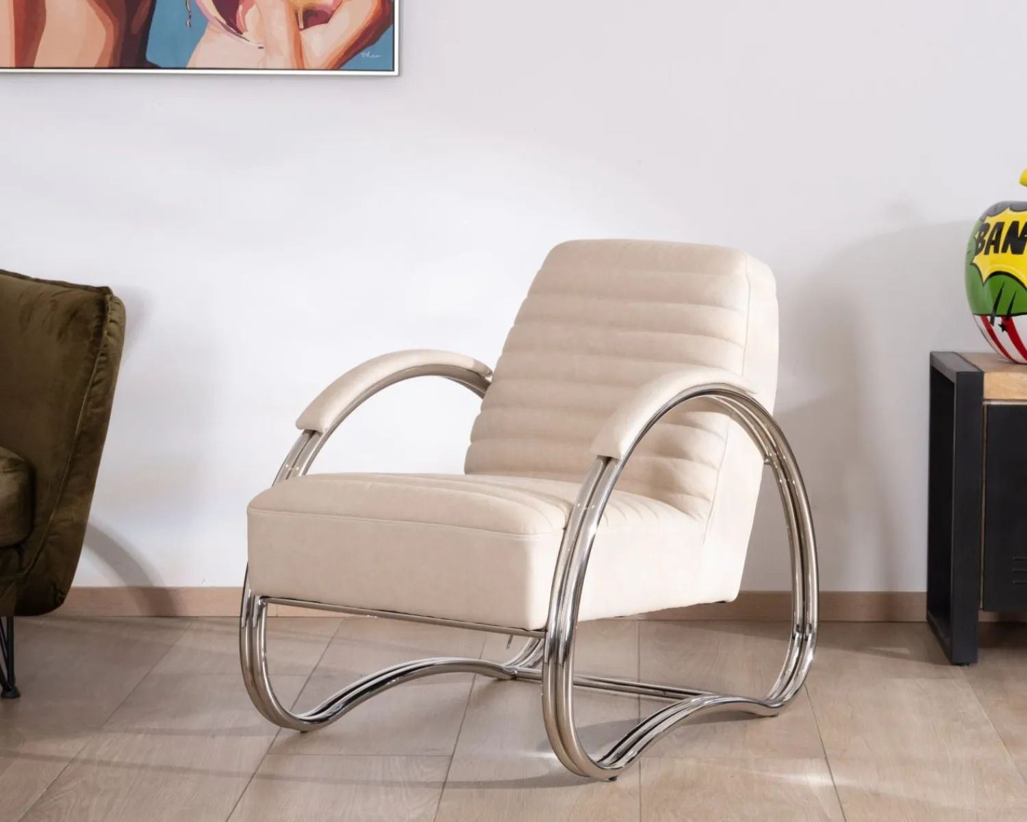 Meuble House Fauteuil lounge rétro en cuir blanc et acier inoxydable "AstroPop" Hot