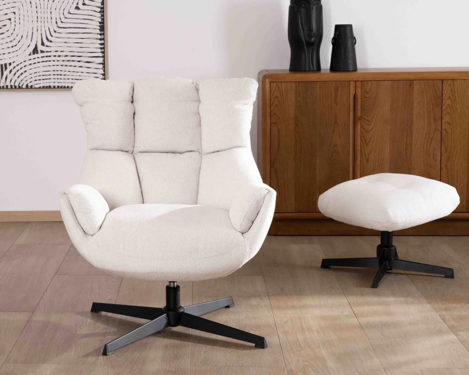 Meuble House Fauteuil pivotant avec repose-pieds modulaire en tissu bouclette écru "Calista" Hot