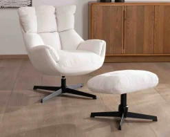 Meuble House Fauteuil pivotant avec repose-pieds modulaire en tissu bouclette écru
