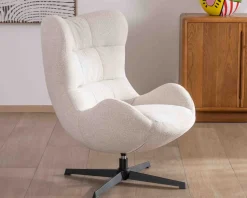 Meuble House Fauteuil pivotant cocooning en tissu bouclette blanc cassé 